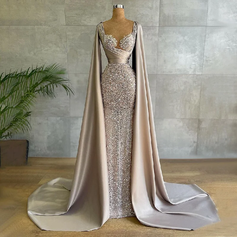 Serene Hill Champagne Mermaid Elegant Cape Sleeves Evening Dresses Gowns 2024 Luxury Beaded For Women Party LA71675 Serene Hill Champagne Mermaid Elegant Cape Sleeves Evening Dresses Gowns 2024 Luxury Beaded For Women Party LA71675