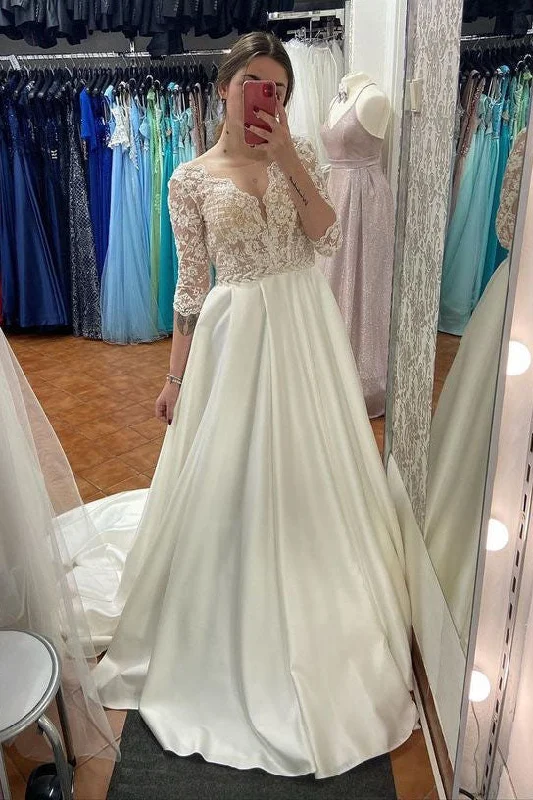 A Line Off White V Neck Satin Half-Sleeves Custom Made Long Prom Dress