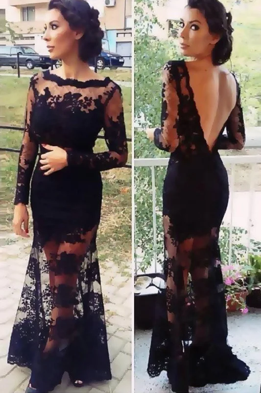 Modest Black Long Sleeves Mermaid Open Back Long Prom Dress