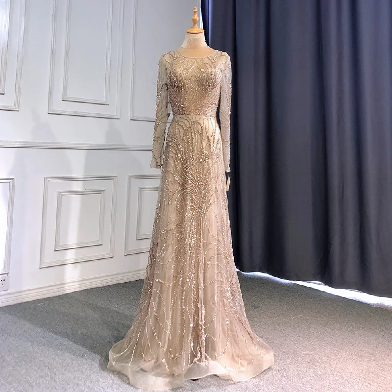 Serene Hill Caramel A-Line Luxury Evening Dresses Gowns 2024 O-Neck Long Sleeve Beaded For Women Party LA71667 Serene Hill Caramel A-Line Luxury Evening Dresses Gowns 2024 O-Neck Long Sleeve Beaded For Women Party LA71667