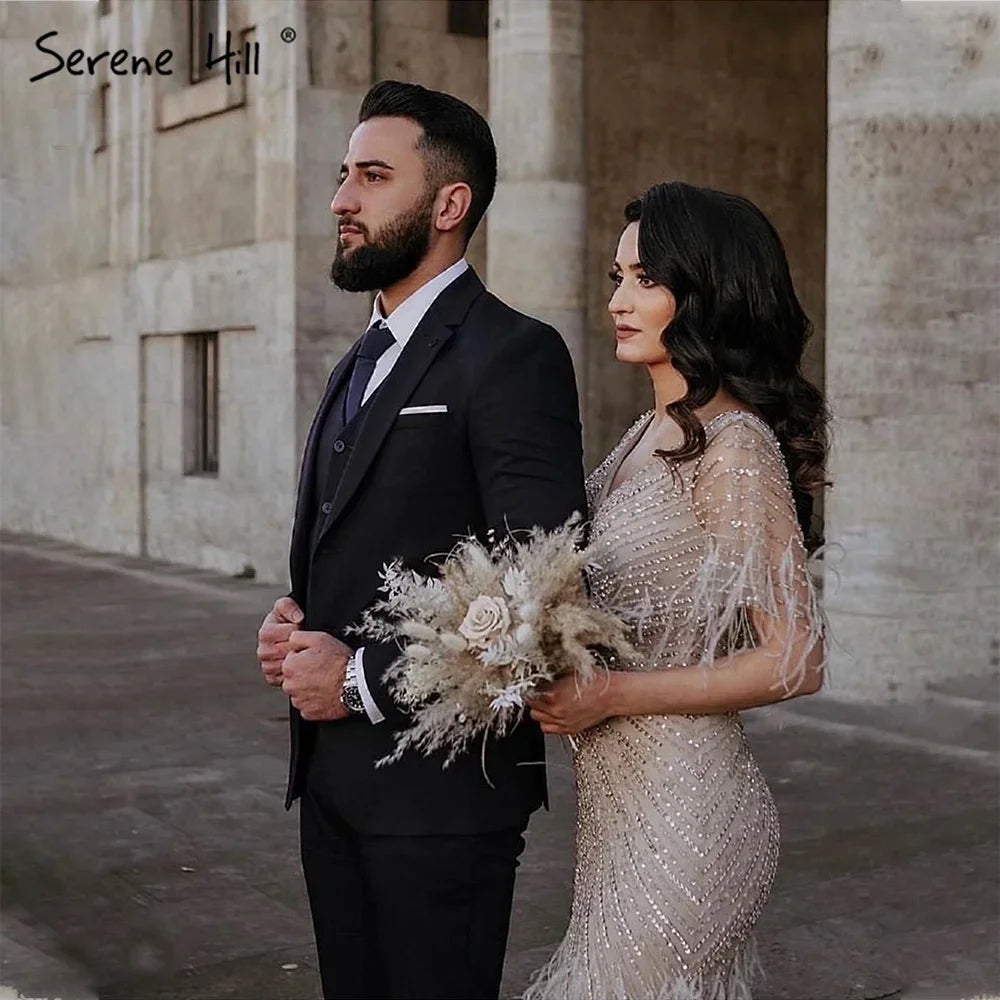 Serene Hill Brown Mermaid Luxury Evening Dresses Gowns 2024 Beaded Feather Elegant For Woman Party LA71323 Serene Hill Brown Mermaid Luxury Evening Dresses Gowns 2024 Beaded Feather Elegant For Woman Party LA71323
