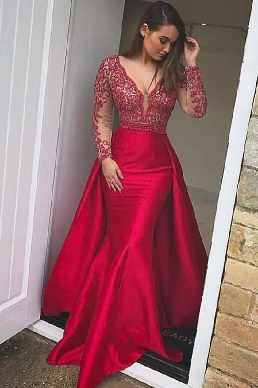Simple Red Sheath V-neck Long Sleeves Mermaid Long Prom Dress