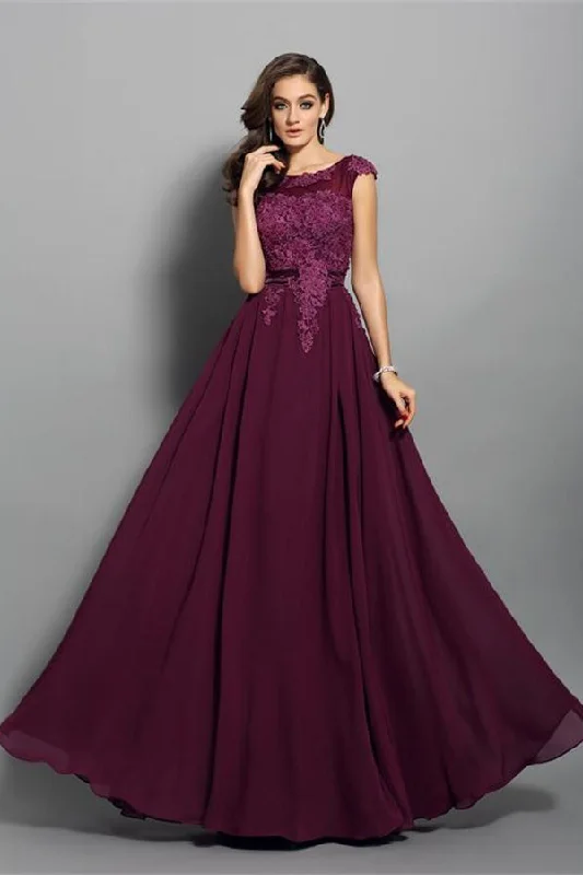 Elegant Plum Cap Sleeves Long Open Back Lace Chiffon Prom Dresses