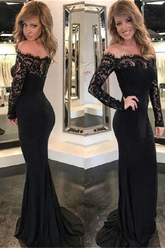 Mermaid Boat Neckline Long Sleeves Long Black Lace Prom Dress