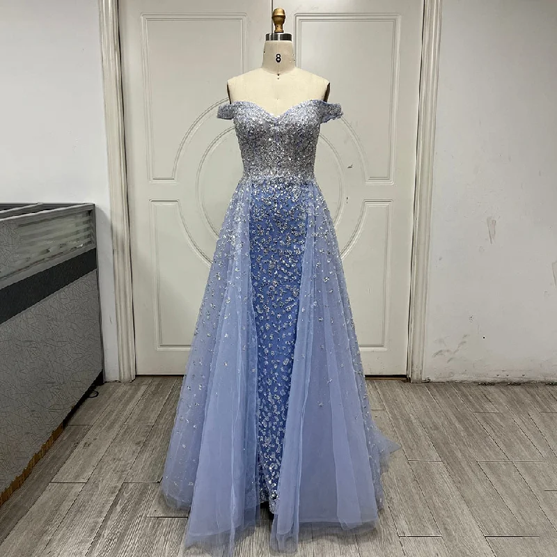 Serene Hill Arabic Blue Mermaid With Overskirt Sexy Boat Neck Beaded Evening Dresses Gowns For Woman Wedding Party 2024 LA71796A Serene Hill Arabic Blue Mermaid With Overskirt Sexy Boat Neck Beaded Evening Dresses Gowns For Woman Wedding Party 2024 LA71796A