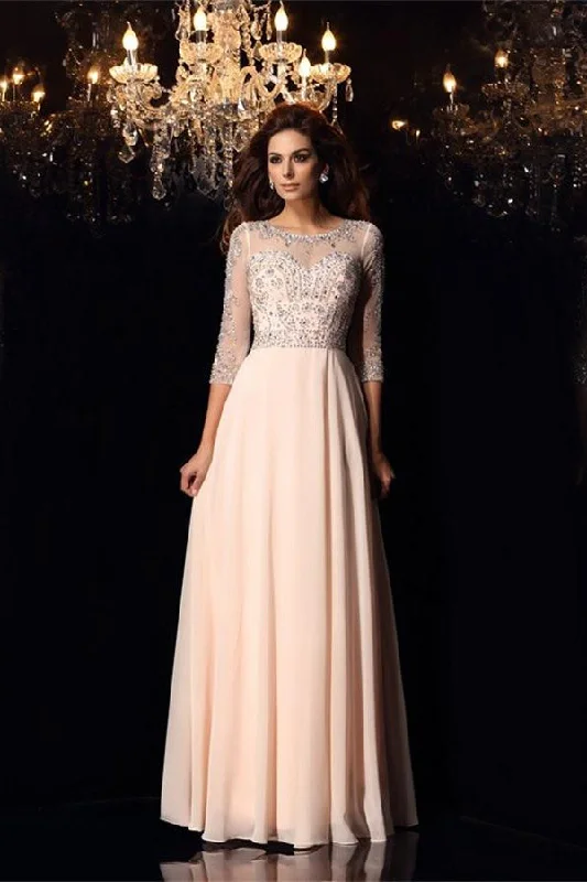 Pretty Half Sleeves Beading Long A-line Chiffon Prom Dress