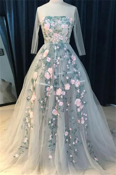 Beautiful Long Sleeves Appliques Zipper Back Prom Dress