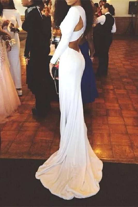 Simple Elegant Mermaid Long Sleeves White Prom Dress