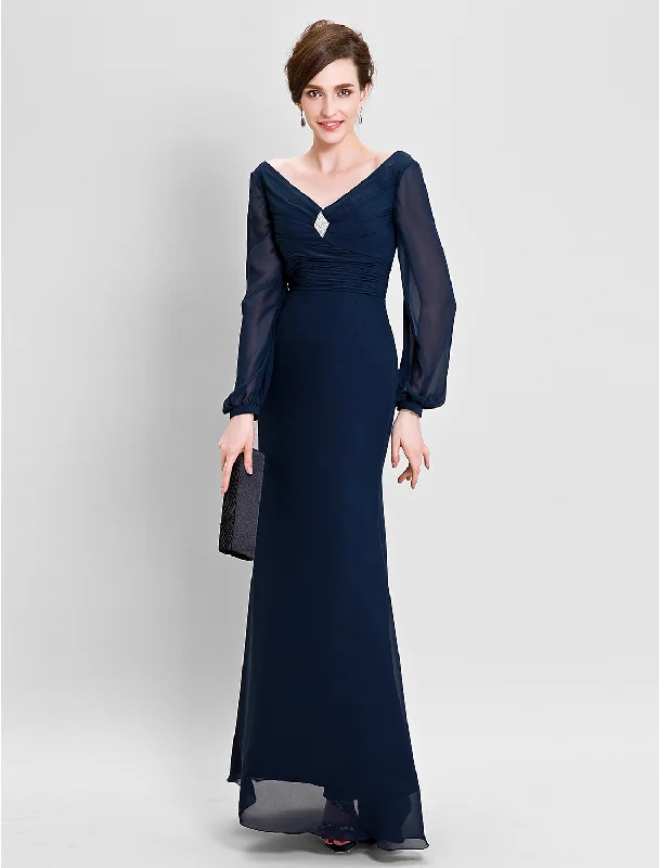 Sheath / Column Mother of the Bride Dress Open Back V Neck Floor Length Chiffon Long Sleeve No with Ruched Draping Crystal Brooch Sheath / Column Mother of the Bride Dress Open Back V Neck Floor Length Chiffon Long Sleeve No with Ruched Draping Crystal Brooch