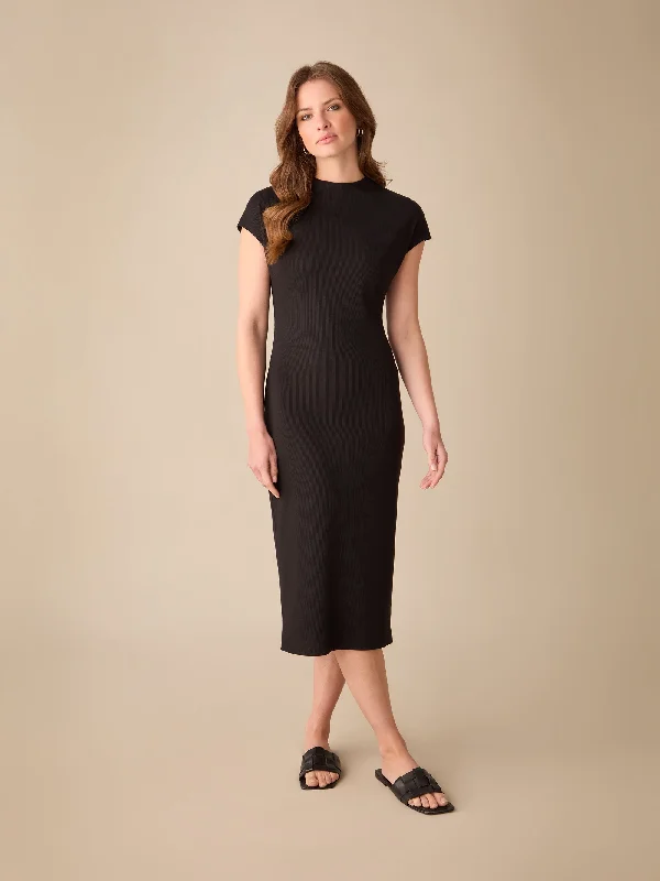 Black Rib Knit Midi Dress Classic Black Midi Dress