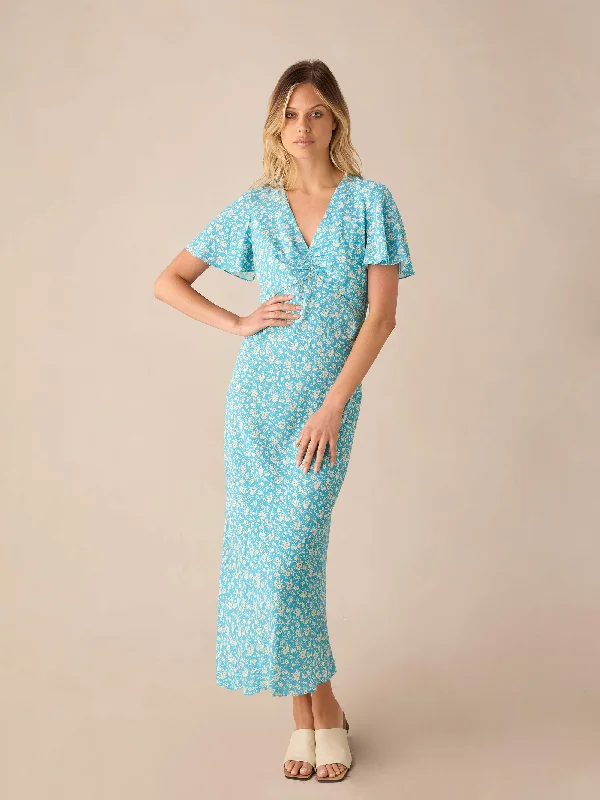 Blue Ditsy Print Flutter Sleeve Midi Dress Trendy Midi Dress with Belt