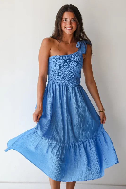 FINAL SALE - Dedicated To Glamour Blue One-Shoulder Midi Dress Comfortable Fit-and-Flare Midi Dress