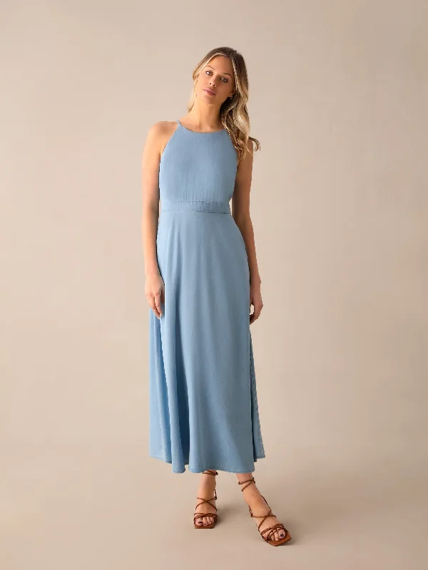 Halter Tencel Denim Midi Dress Stylish Striped Midi Dress