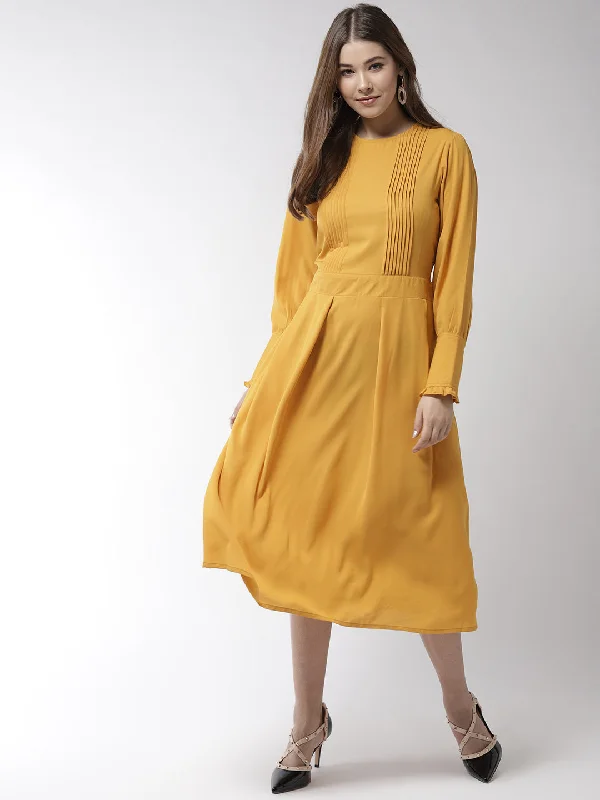 Women's Yellow Polyester Moss Pintuck And Pleated Midi Dress - Stylestone Elegant Sleeveless Midi Dress