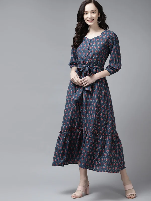 Women's Blue & Peach Ethnic Motifs Sweetheart Neck Ethnic A-Line Midi Dress - Yufta Stylish Button-Up Midi Dress