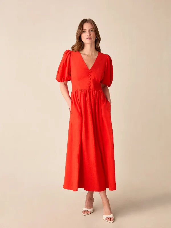 Petite Cara Red Linen-blend Puff Sleeve V-Neck Midi Dress Fashionable One-Shoulder Midi Dress