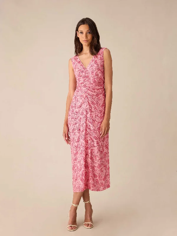 Pink Paisley Ruched Front V-Neck Midi Dress Comfortable Denim Midi Dress