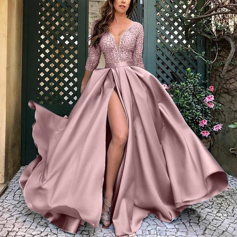 FashionSierra - Solid V-Neck Long Sleeve Celebrity Party Maxi Dress Comfortable Ruffle Maxi Dress