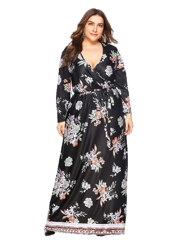 KittenAlarm - Plus Allover Floral Print Self Tie Maxi Dress Comfortable Long-Sleeve Maxi Dress