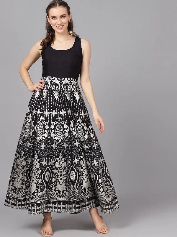 Women's  Black & Silver-Toned Printed Maxi Dress - AKS Trendy Ruffled Maxi Dress