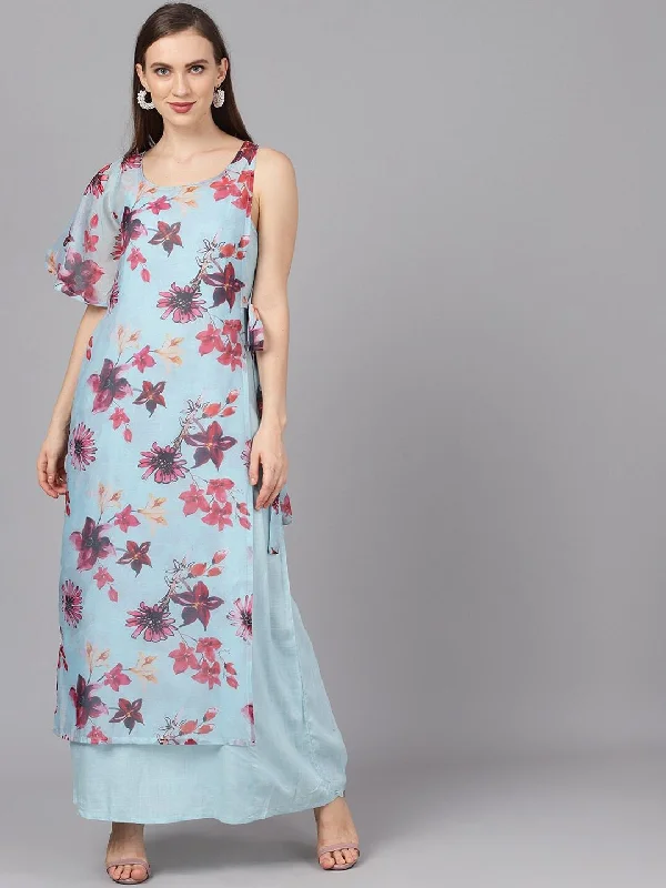 Women's  Blue & Pink Printed Layered Maxi Dress - AKS Comfortable Maxi Dress with Slits