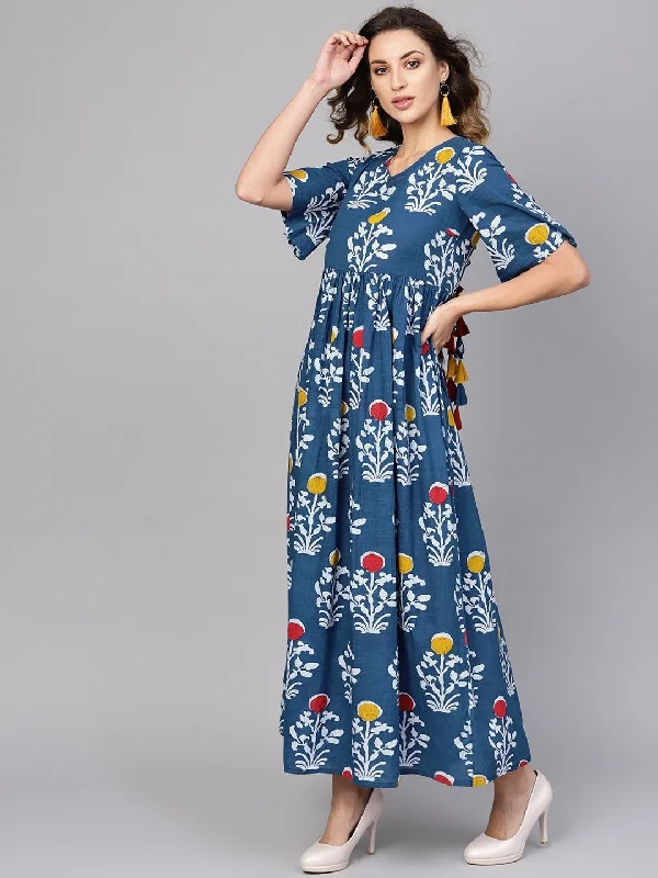 Women's  Blue & White Printed Maxi Dress - AKS Stylish Pleated A-Line Maxi Dress