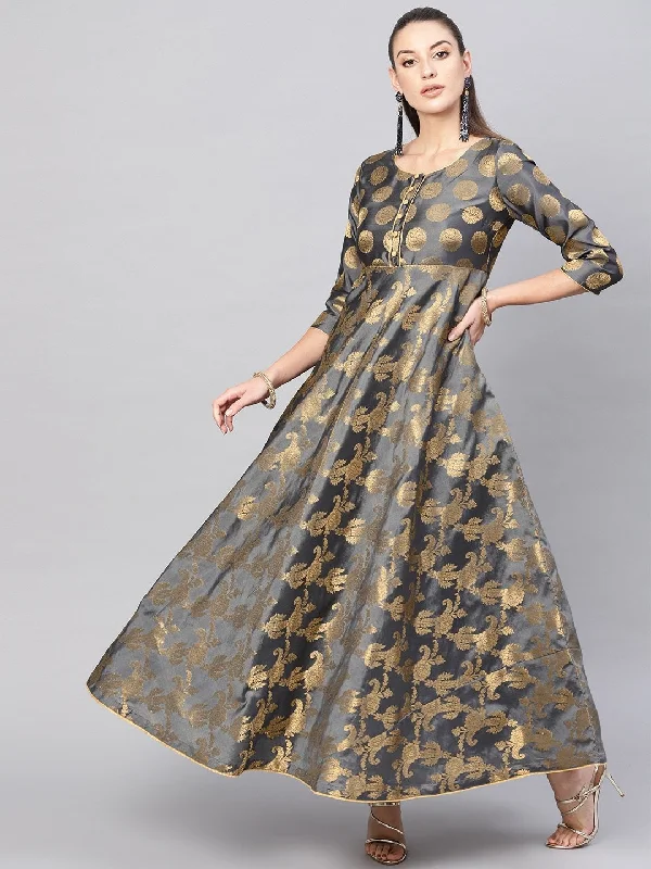 Women's  Charcoal Grey & Golden Self Design Empire Maxi Dress - AKS Chic Summer Floral Maxi Dress