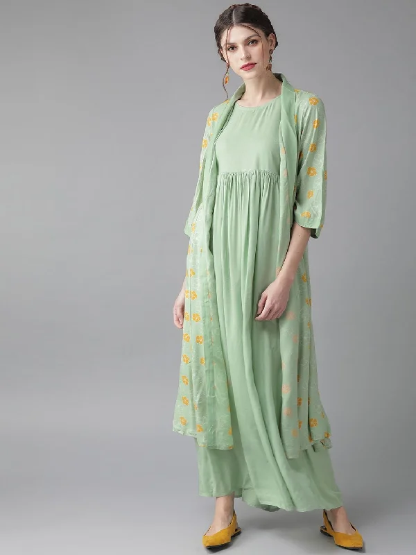 Women's  Green & Mustard Yellow Printed Layered Maxi Dress - AKS Classic A-Line Maxi Dress