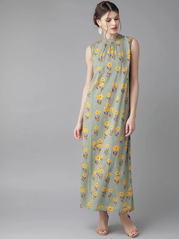 Women's  Green & Mustard Yellow Printed Maxi Dress - AKS Comfortable Ruffle Hem Maxi Dress