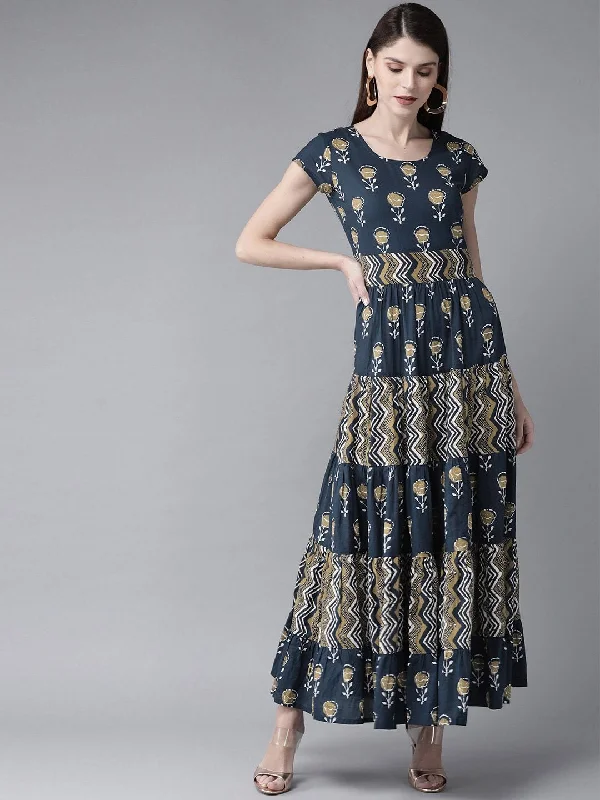 Women's  Navy Blue & Beige Printed Maxi Dress - AKS Fashionable Sheer Maxi Dress