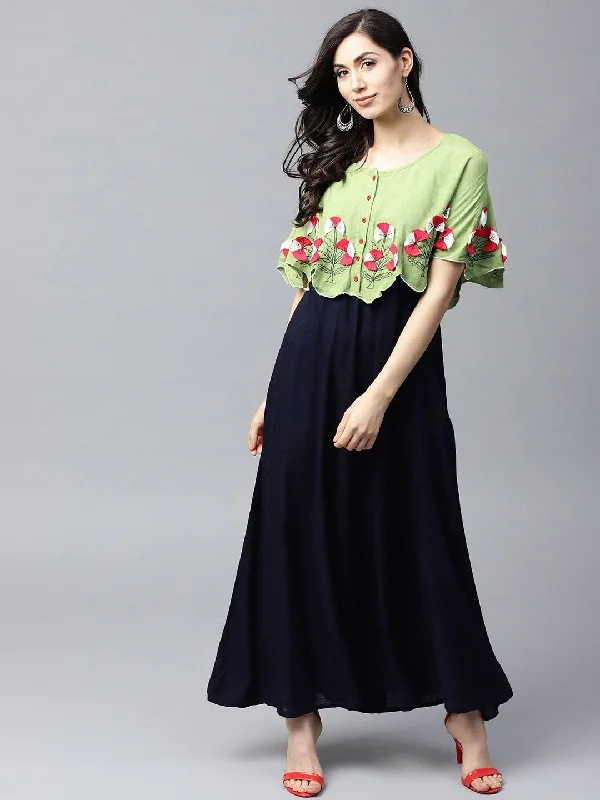 Women's  Navy Blue & Green Layered Maxi Dress - AKS Elegant Lace-Up Maxi Dress