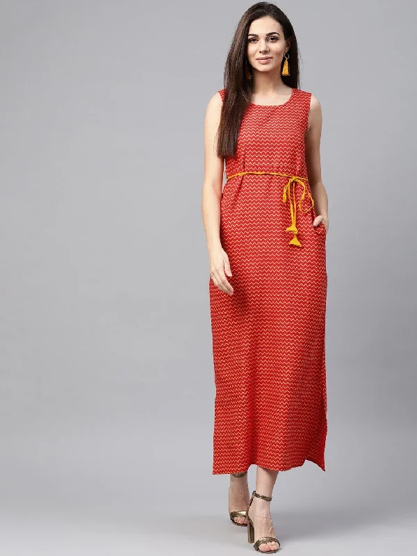 Women's  Red & Mustard Yellow Maxi Dress - AKS Fashionable Open-Back Maxi Dress