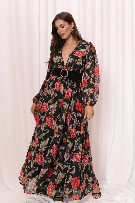 Anisa Maxi Dress - Black Floral Cozy Spaghetti Strap Maxi Dress