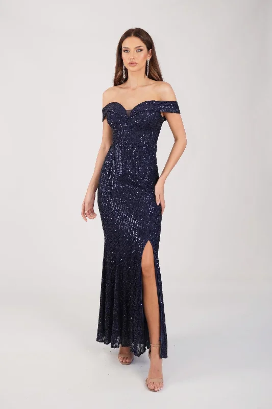 Astrid Off Shoulder Sequin Maxi Dress - Navy Trendy Button Front Maxi Dress