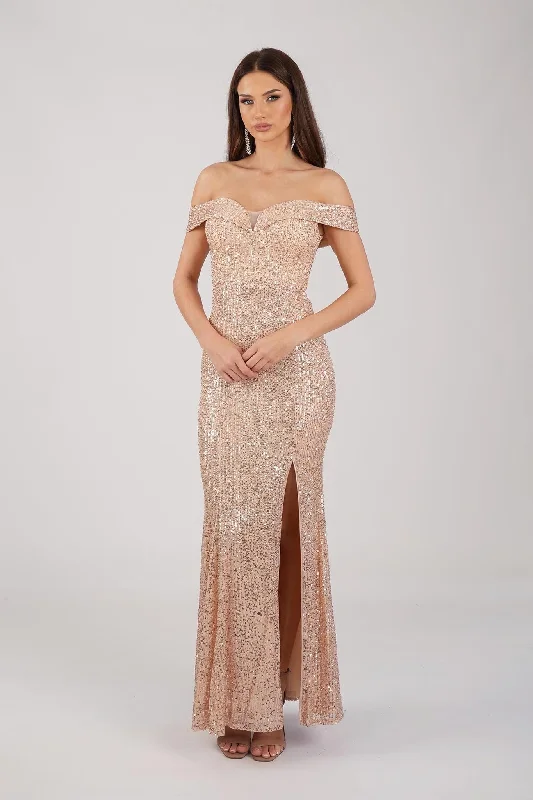 Astrid Off Shoulder Sequin Maxi Dress - Rose Gold Chic Off-Shoulder Maxi Dress