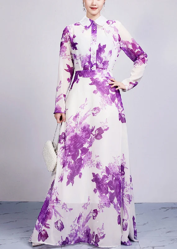 Beautiful Purple Peter Pan Collar Print Chiffon Maxi Dresses Long Sleeve AR1029 Elegant Maxi Dress with Drapes