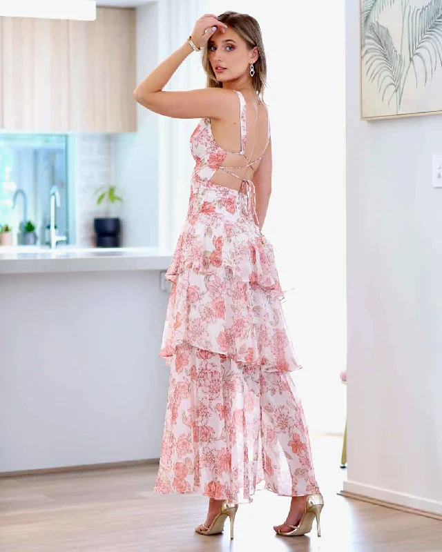 Bella Layered Chiffon Maxi Dress - Peach Floral Classic Solid Maxi Dress