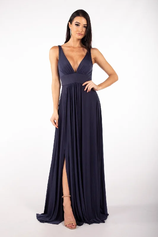 CATALINA A-Line Maxi Dress - Navy Elegant Maxi Dress with Belt