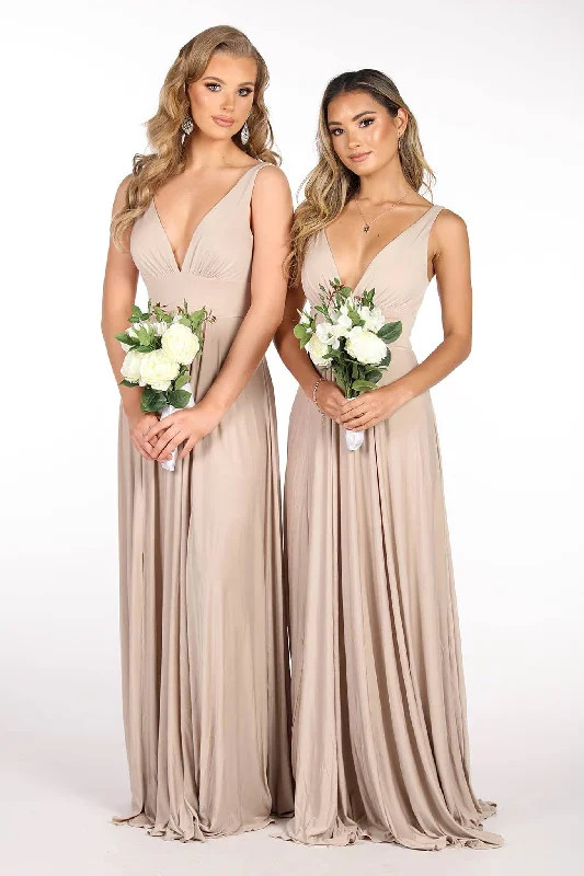 CATALINA A-Line Maxi Dress - Nude Elegant Maxi Dress with Belt