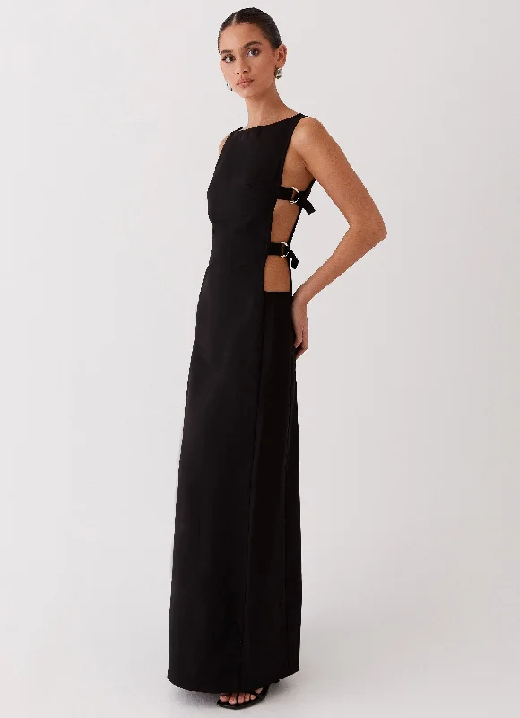 Cherish You Buckle Maxi Dress - Shadow Fashionable Off-Shoulder Maxi Dress