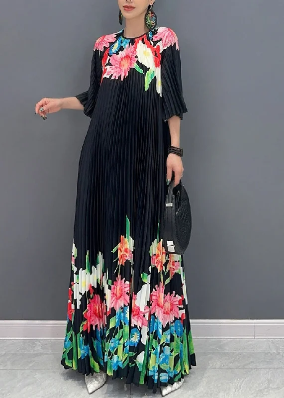 Classy Black O-Neck Print Flattering Maxi Dresses Half Sleeve AO1039 Trendy Printed Maxi Dress