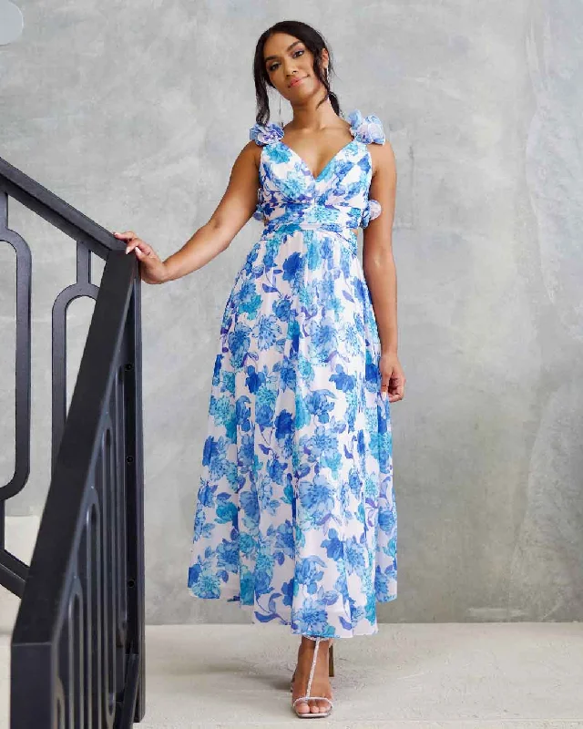 Cleo Chiffon Maxi Dress - Blue Floral Trendy Maxi Dress with Belt