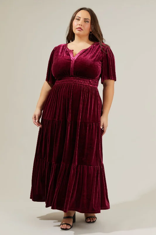 Debbie Velvet Tiered Maxi Dress Curve Trendy Button Front Maxi Dress