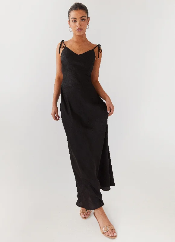 Desire Dream Satin Maxi Dress - Shadow Cozy Spaghetti Strap Maxi Dress