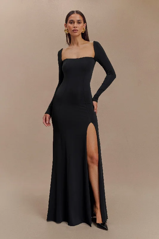 Desirie Slinky Long Sleeve Maxi Dress With Split - Black Elegant Sleeveless Maxi Dress