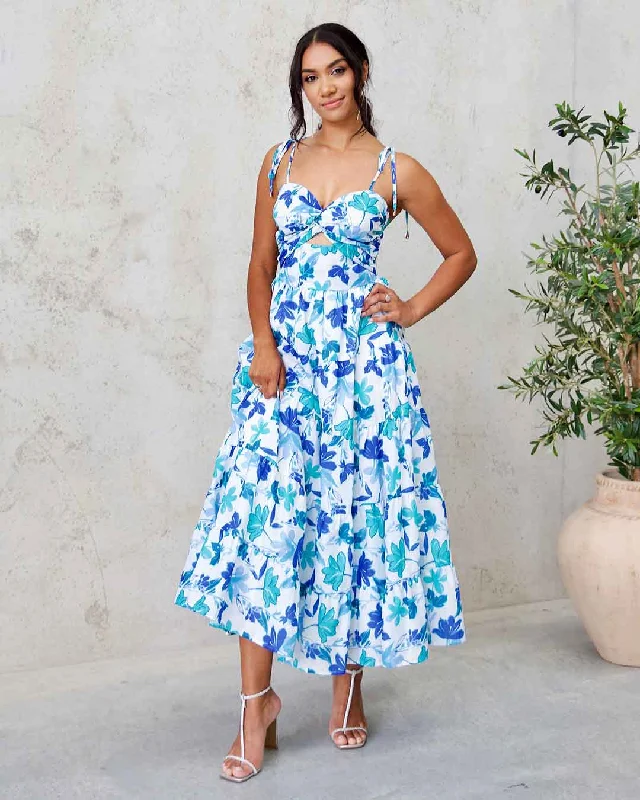 Dominique Maxi Dress - Blue Floral Stylish Button-Up Maxi Dress