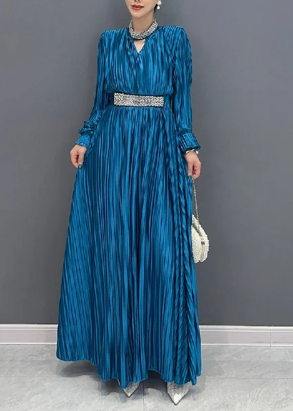 Elegant Blue V Neck Wrinkled Maxi Dress Long Sleeve AO1037 Elegant Sleeveless Maxi Dress