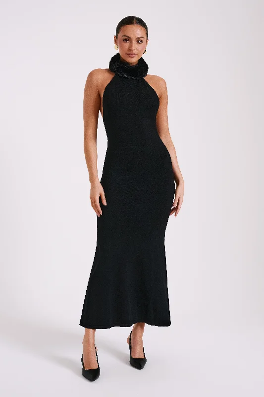 Elva Halter Knit Maxi Dress With Faux Fur - Black Elegant Maxi Dress with Ruffles