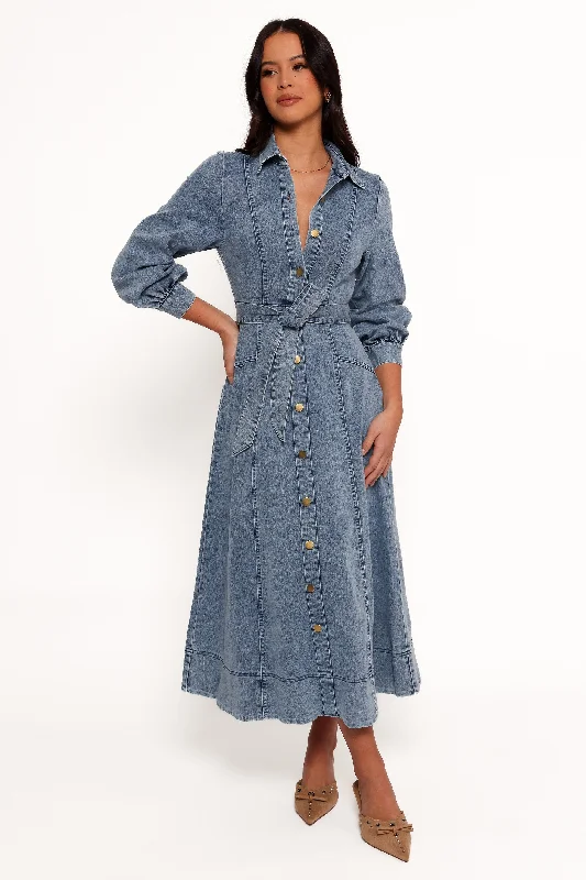 Emberly Long Sleeve Maxi Dress - Denim Chic Boho Print Maxi Dress