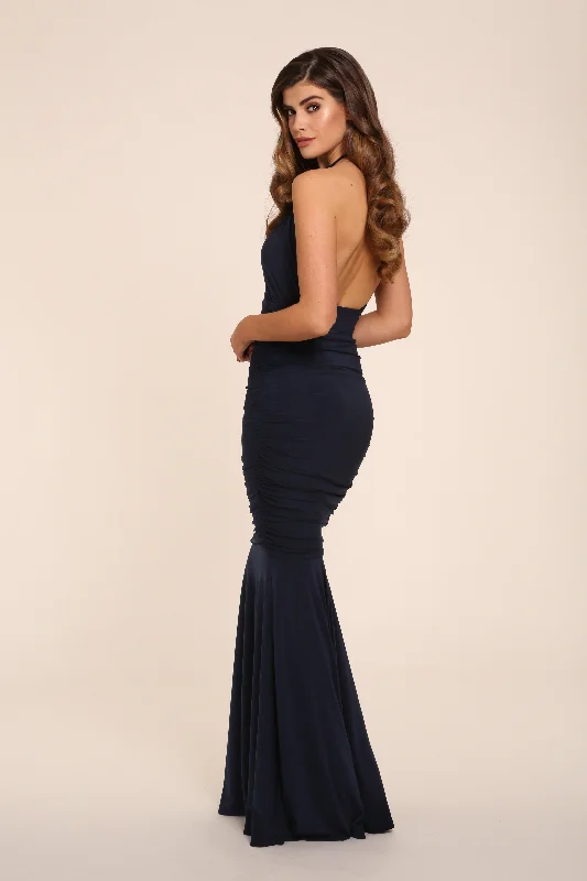 ERIN NAVY HALTER NECK BACKLESS BRIDESMAIDS MAXI DRESS Trendy Button Front Maxi Dress